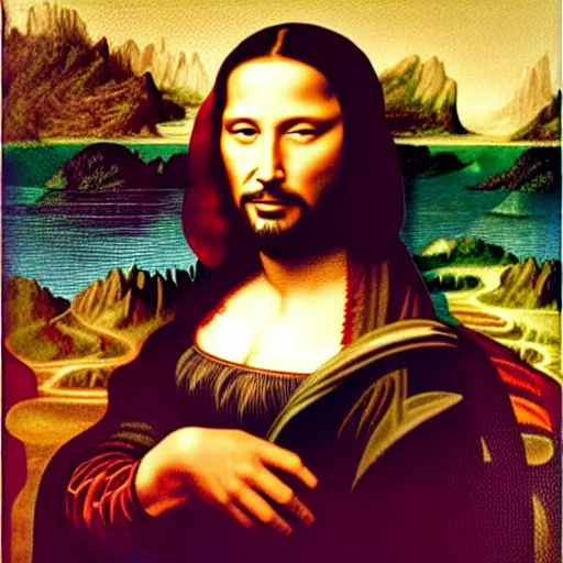 Image similar to painting of keanu reeves with beard in the style of mona lisa, painting by leonardo da vinci