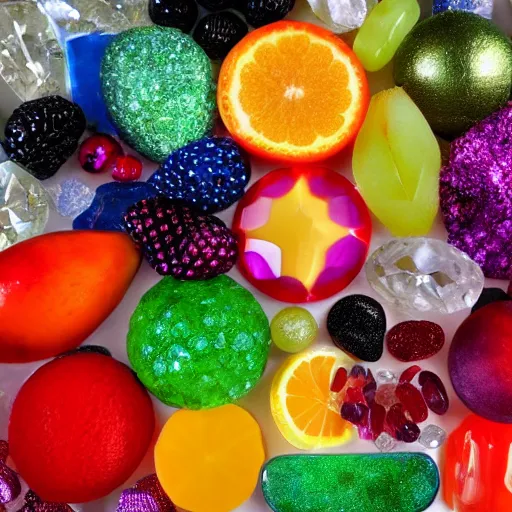 Image similar to fruits made of expensive gems, shimmer, natural light, crystallized, hd, high quality, photograph, on display