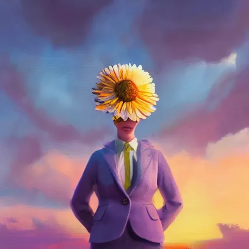 Image similar to large daisy flower head, frontal, girl in a suit, surreal photography, sunrise, dramatic light, impressionist painting, digital painting, artstation, simon stalenhag