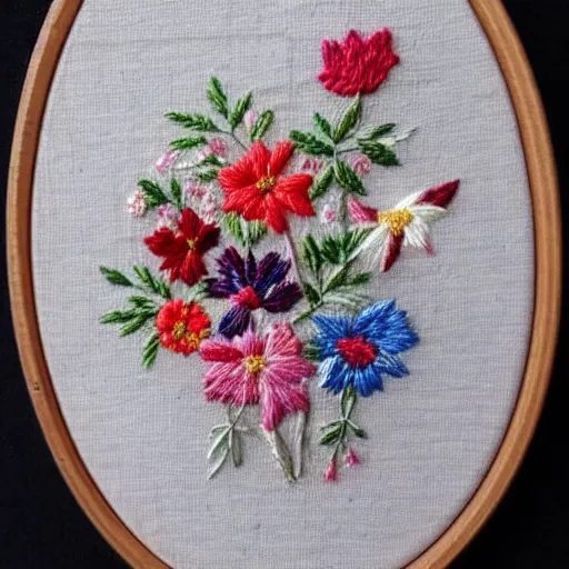 Prompt: a tiny beautiful handmade embroidery of a weddibg bouquet. hand embroidery.