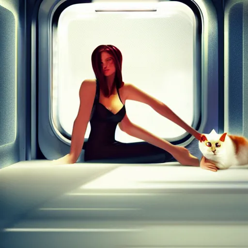 Prompt: a hot woman is sitting on a bed inside a futuristic train compartment with a white cat next to her, the train compartment is dimly lit, there are neon signs and photographs on the walls of the train compartment, the robot girl is sad, there is some light coming in from the window, rim light, hyper realistic render