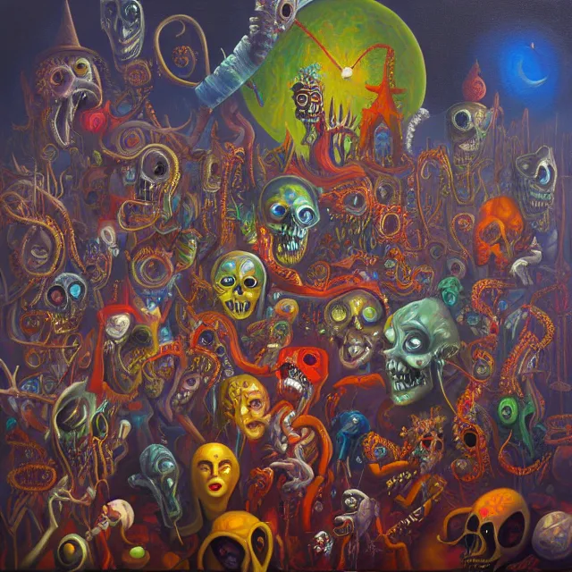 Image similar to an oil on canvas painting of the carnival of nightmares, polycount, surrealism, surrealist, cosmic horror, high detail