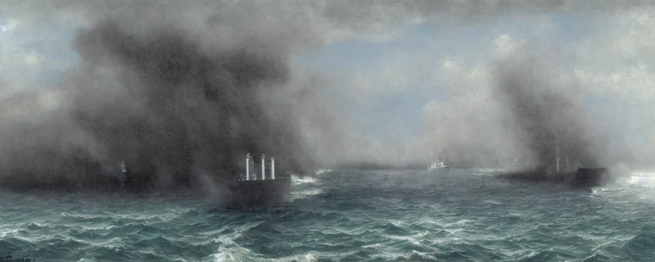 Prompt: container ship containership colossus near misty black cliffs over steamy water by Fernand Khnopff, matte painting