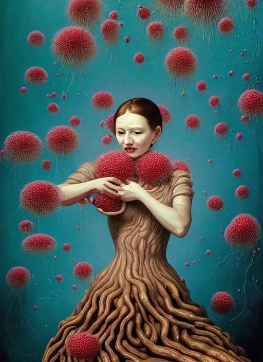 Image similar to hyper detailed Oil painting - Ada Lovelace Eats of the Strangling Fruit and her gossamer polyp blossoms bring iridescent fungal flowers whose spores black the foolish stars by Jacek Yerka, Mariusz Lewandowski, Abstract brush strokes, Masterpiece, Edward Hopper and James Gilleard, Zdzislaw Beksinski, Mark Ryden, Wolfgang Lettl, hints of Yayoi Kasuma