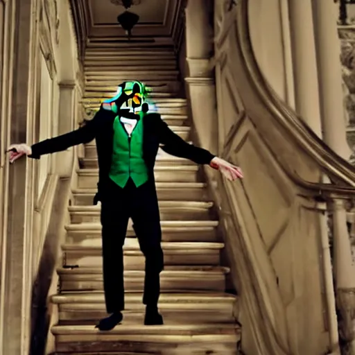 Prompt: joker dancing on the stairs, cinematic still from joker ( 2 0 1 9 ), n - 9