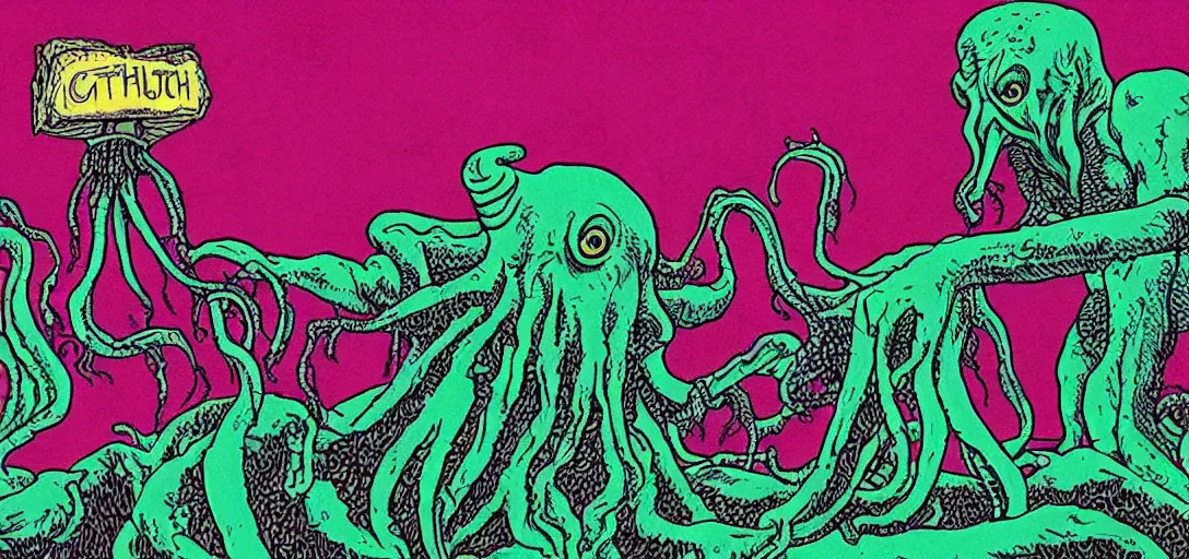 Image similar to Cthulhu starring in a David Lynch film about a birthday party, Mike Judge art style, 90's mtv illustration, surrealism, David Lynch's hair