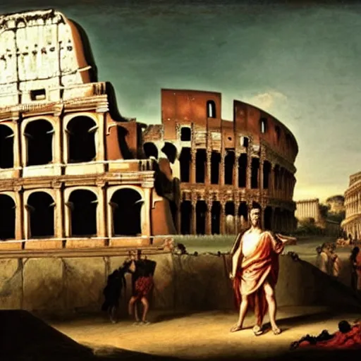 Image similar to Painting of Julius Caesar infront of the Roman colosseum, exotic