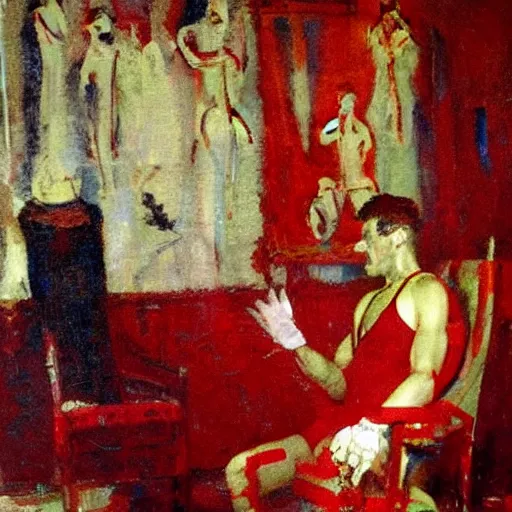 Prompt: !dream man in red room in a chair, dean cornwell style