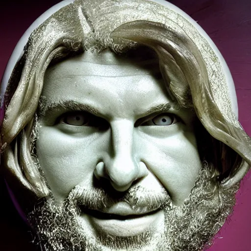 Image similar to sculpture of the face of aphex twin by donatello, white marble, outside view, cinematic