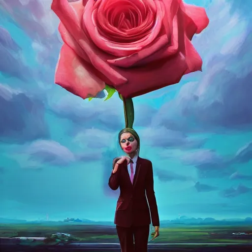 Image similar to portrait, giant rose flower head, girl in a suit, surreal photography, sunrise, blue sky, dramatic light, impressionist painting, digital painting, artstation, simon stalenhag