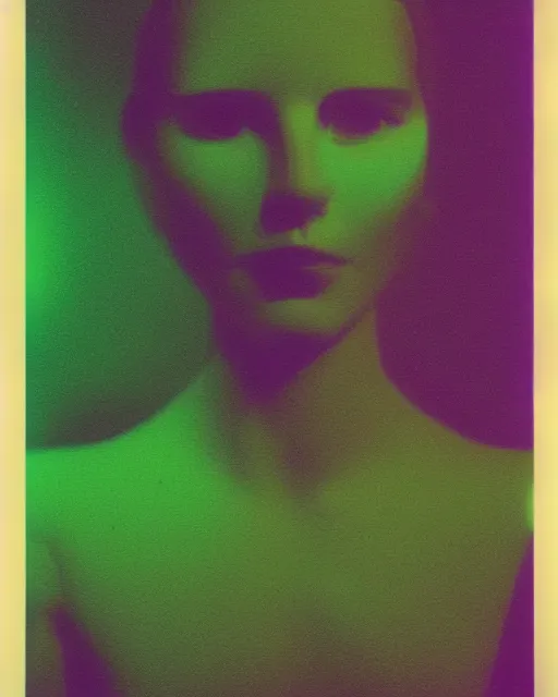 Prompt: featureless serene robotic woman's face, violet and yellow and green lighting, polaroid photo, 1 9 8 0 s cgi, atmospheric, whimsical and psychedelic, grainy, expired film, super glitched, corrupted file, ghostly, bioluminescent glow, sci - fi