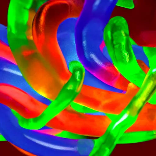 Image similar to colorful gummy worms that glow in the dark, 3d render, close up
