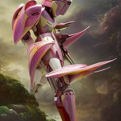 Image similar to futuristic nymphaea themed mecha waterlily upper body, sepals forming helmet, highly detailed, nymphaea, 8 k hd resolution, gundam barbatos with floral inlay, bandai box art, star wars, makoto kobayashi, frank gehry, raymond swanland