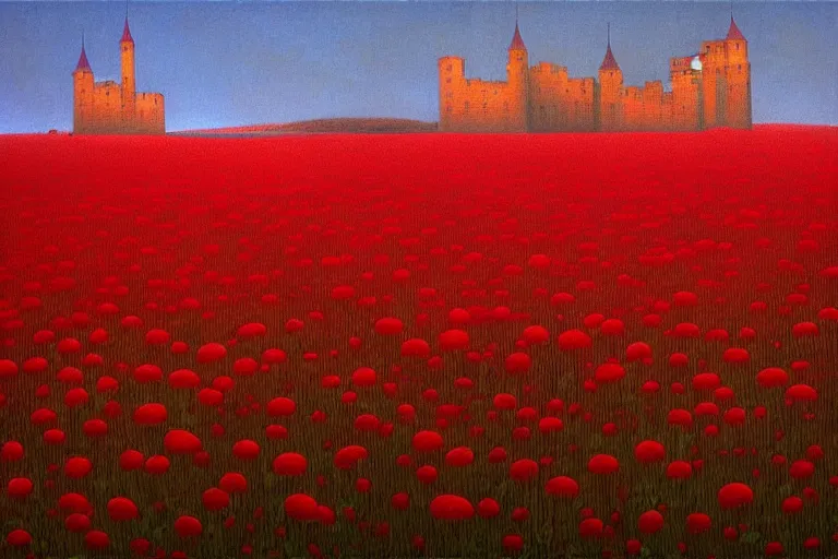 Image similar to only with red, red flowers of different types, a castle in the background, red giants rest over the flowers, in the style of beksinski, part by hopper, part by rodcenko, part by hofbauer, intricate composition, red by caravaggio, insanely quality, highly detailed, masterpiece, red light, artstation, 8 k