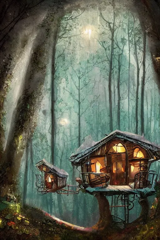 Image similar to a ramshackle multistory fairytale hut in the forest by Petros Afshar