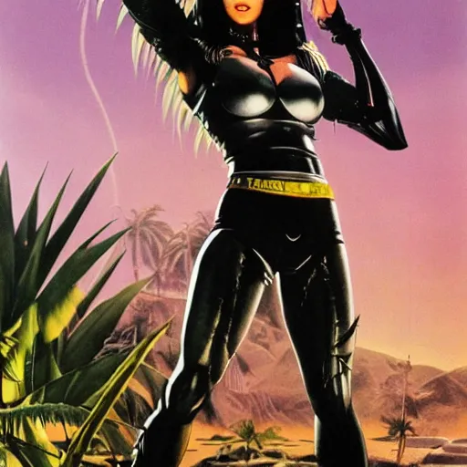 Image similar to 23-year-old muscular warrior girl wearing chrome silver armor, black spandex, electrified hair, wild spiky black hair, glam metal hair, wild black hair, yellow eyes, tropical, palm trees, chrome buildings, futuristic base, 1987, Frank Frazetta, pulp art, video game box art, hyper-detailed