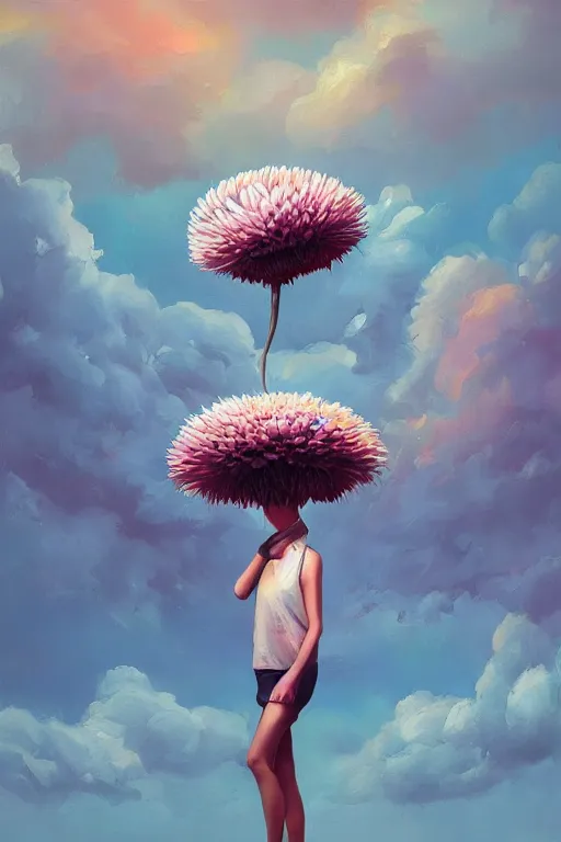 Prompt: closeup, giant daisy flower the head, girl between monsteras, surreal photography, wind and cold, dramatic sky, impressionist painting, digital painting, artstation, simon stalenhag