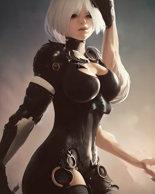 Image similar to full body league of legends portrait of 2 b nier automata, au naturel, hyper detailed, digital art, trending in artstation, cinematic lighting, studio quality, smooth render, unreal engine 5 rendered, octane rendered, art style by klimt and nixeu and ian sprigger and wlop and krenz cushart.