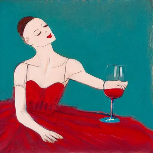 Image similar to painting of a ballerina drinking wine in a teal room, red background