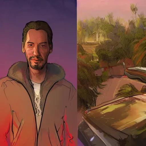 Image similar to keanu reevez in the art style of disco elysium