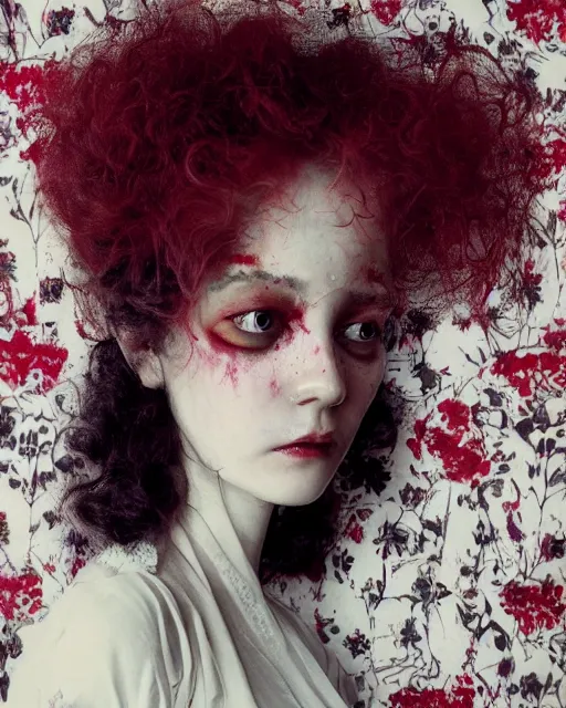 Prompt: a beautiful but sinister woman in layers of fear, with haunted eyes and curly hair, 1 9 7 0 s, seventies, floral wallpaper, delicate embellishments, a little blood, crimson, painterly, offset printing technique, by ren hang