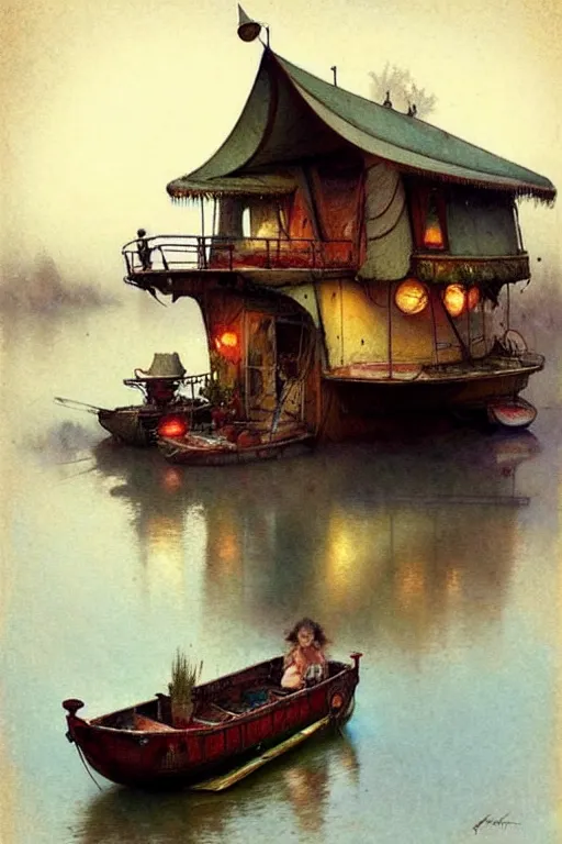 Prompt: (((((1950s fairy tale gypsy house boat floating on a river . muted colors.))))) by Jean-Baptiste Monge !!!!!!!!!!!!!!!!!!!!!!!!!!!