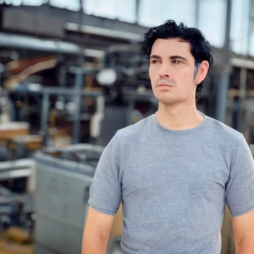 Image similar to a guy in a grey shirt and blue jeans with black hair and no facial hair looking in the distance to see a factory ( high detailed, greatly illustrated, good quality photo shot, amazed details and uhd cinematic movie shot )