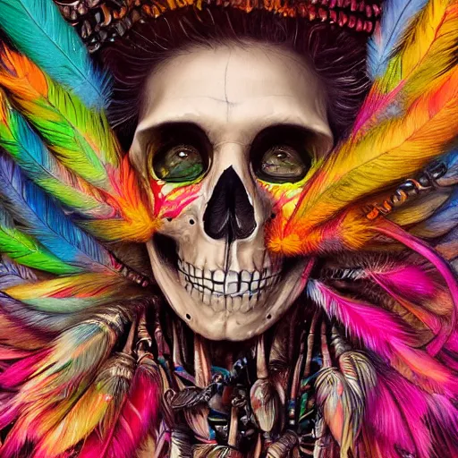 Image similar to art portrait of skeleton with colorful feathers exploding out of head,8k,by tristan eaton,Stanley Artgermm,Tom Bagshaw,Greg Rutkowski,Carne Griffiths,trending on DeviantArt,face enhance,hyper detailed,minimalist,full of colour