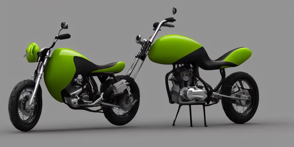 Image similar to a motorbike in the shape & color of an avocado!!!, vehicle concept photo!!, 8k!!,amazing quality!!! Unreal engine 5!!! Studio lighting!!! Cinema 4D!! Parking garage lighting!