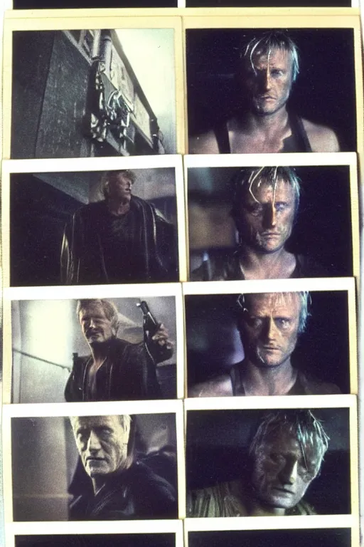 Image similar to old polaroids with rutger hauer, ford, sir ridley taken on the set of blade runner, 1 9 8 2