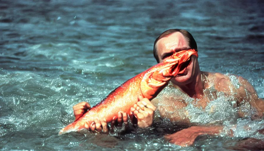 Image similar to 7 0 s movie still of putin in speedo, punching a salmon in the face, focus on face. cinestill 8 0 0 t _ 3 5 mm eastmancolor, heavy grain, high quality, high detail