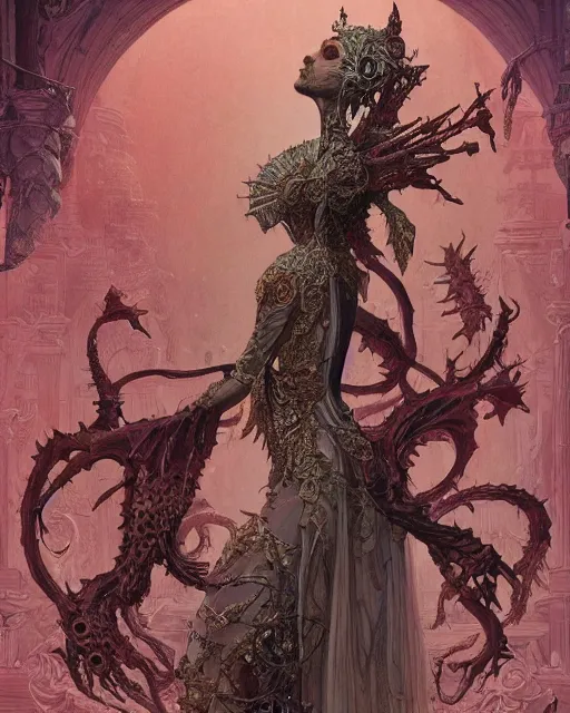 Image similar to a beautiful detailed front view of a dead rotten princess dressed in ornate baroque, ornamentation, elegant, beautifully soft lit, by wayne barlowe, peter mohrbacher, kelly mckernan