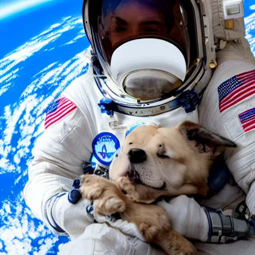 Prompt: a man in a spacesuit cuddling a dog during a space walk