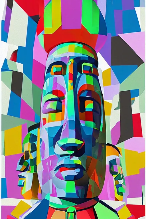 Image similar to cubist moai statue cutout digital illustration cartoon colorful beeple