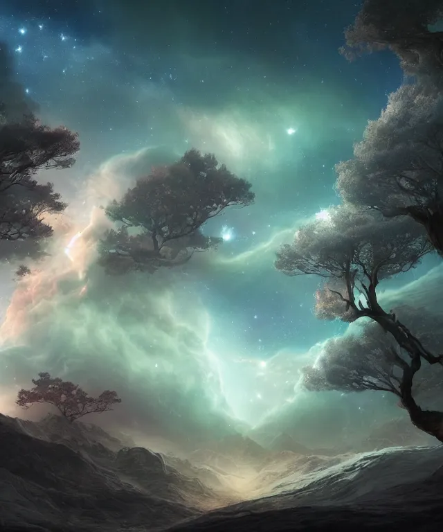 Image similar to a beautiful dreamlike terrain with large twisting trees and the nebula peeking through the sky, digital matte painting by yucong tang