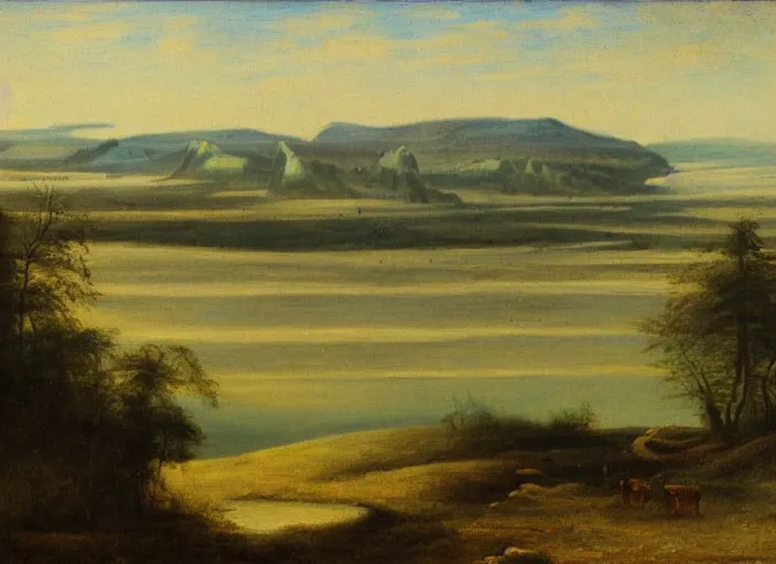 Image similar to the european steppes frozen over and the water lowered during the last ice ages, in the style of hudson river school of art, oil on canvas