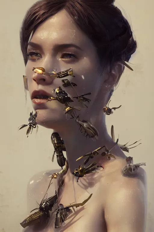 Image similar to a fancy portrait of half bug women by greg rutkowski, sung choi, mitchell mohrhauser, maciej kuciara, johnson ting, maxim verehin, peter konig, 8 k photorealistic, cinematic lighting, hd, high details, dramatic, atmosphereric, trending on artstation