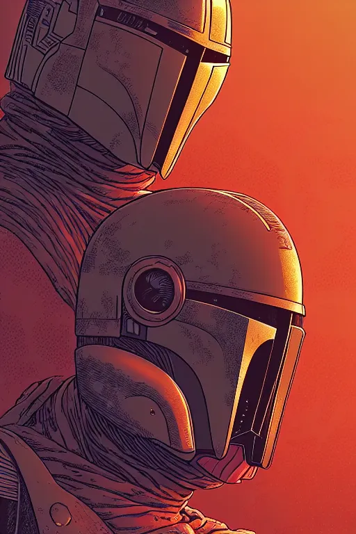 Image similar to closeup potrait of the mandalorian, intricate, volumetric lighting, moebius, geof darrow, frank miller, dan mumford, detailed illustration, digital art, victo ngai, kilian eng, vector art