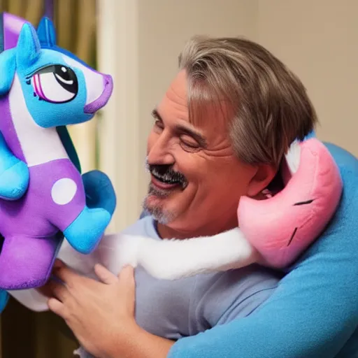 Prompt: fat mike lindell hugging an my little pony plushy. still from mypillow ad