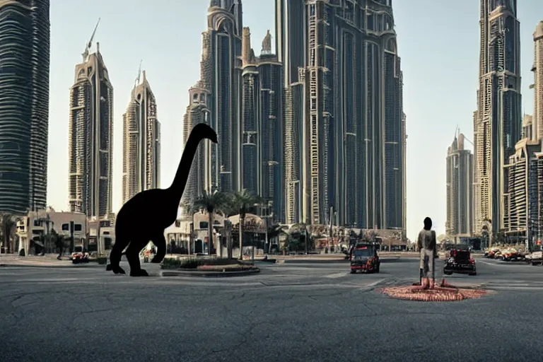 Image similar to cinematography dinosaurs in the streets of dubai by Emmanuel Lubezki