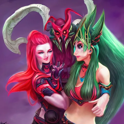 Image similar to league of legends, best friends, kai'sa and xayah, beautiful, laughing, photorealism