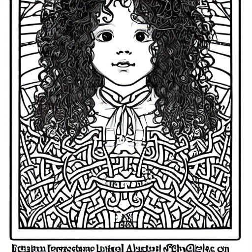 Image similar to clean simple line art of a little girl with wavy curly hair. no background. well composed, clean coloring book page, beautiful detailed face. coloring book line art by greg rutkowski and johanna basford and alphonse mucha