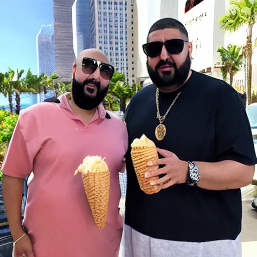 Image similar to DJ khaled and alfred molina with huge ice cream cone and slice of pizza