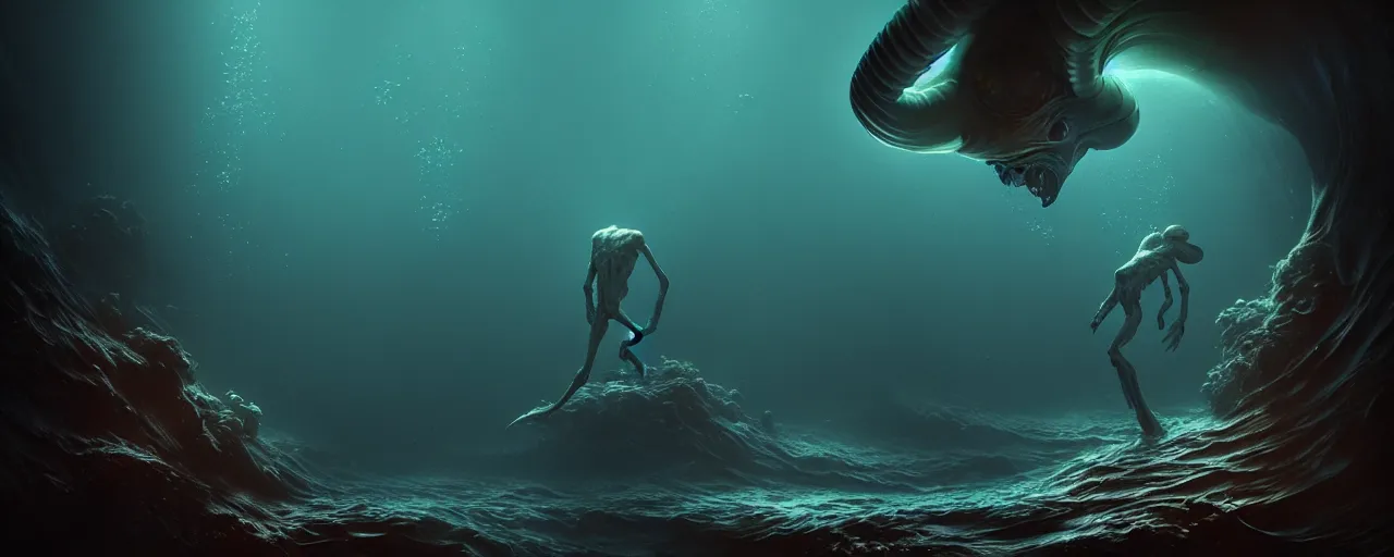 Prompt: ultra realistic horror photo of a dimly lit male alien creature underwater, very intricate details, focus, full frame image, model pose, artwork by tooth wu and wlop and beeple and greg rutkowski, award winning