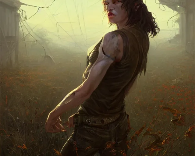 Image similar to highly detailed portrait of milla jovovich, in the walking dead, stephen bliss, unreal engine, fantasy art by greg rutkowski, loish, rhads, ferdinand knab, makoto shinkai and lois van baarle, ilya kuvshinov, rossdraws, tom bagshaw, global illumination, radiant light, detailed and intricate environment