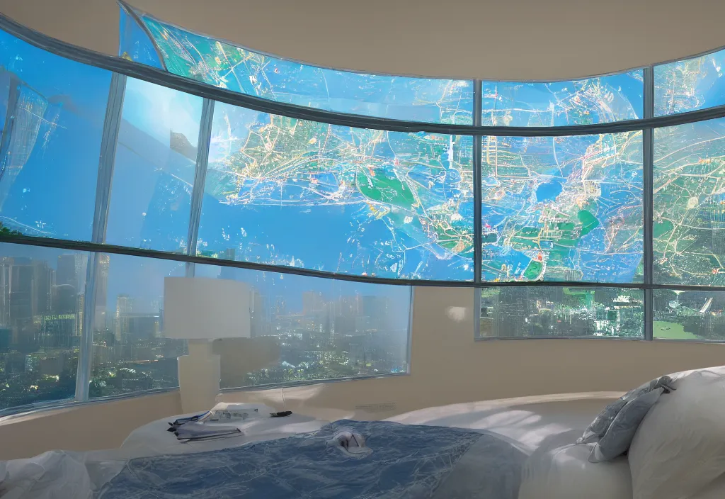 Image similar to curved translucent windows projecting florida holographic weathermap, pixel perfect photograph, high contrast, volumetric lighting, thin glowing lights, bedroom, visor, users, pair of keycards on table