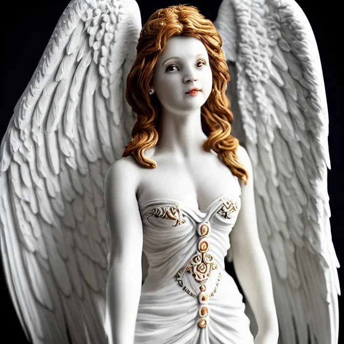 Image similar to photograph of a real-life beautiful female angel with ornate white dress . Extremely detailed. 8k