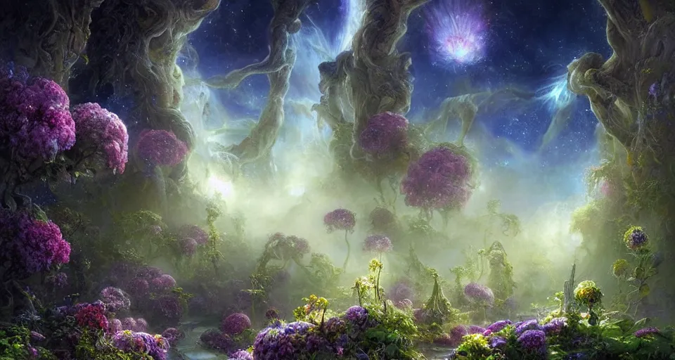 Image similar to a large alien shrine shrouded by mystic nebula magic in a field of flowers, ferdinand knab, breath - taking beautiful flowers, streams, nebula, and mist, an aesthetically pleasing, dynamic, energetic, lively, complex, intricate, detailed, well - designed digital art of magic, streams, flowers, and mist, early morning, light and shadow