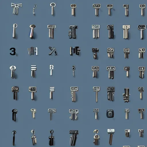 Prompt: 3 0 keys of different sizes, product photo on blue grey background