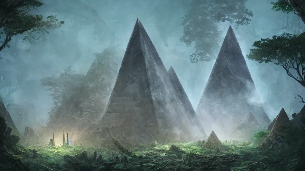 Image similar to Ruins of an ancient alien pyramid in the middle of an overgrown forest, dreamscape, dramatic lighting, fantasy art illustration, trending on artstation, Aetherpunk